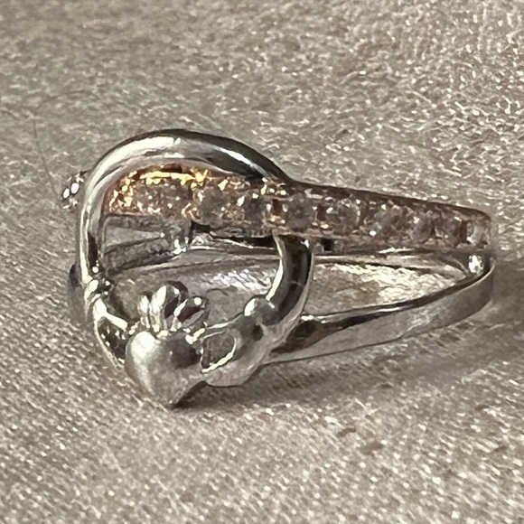 Silver, Rose Gold & Cubic Zirconia Claddagh Ring from Ireland - 6.5 - Picture 1 of 5